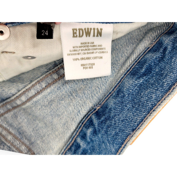 NWT EDWIN Women's Cai High-Rise Cut-Off Shorts, Size 24, Medium Wash Vintage USA - Picture 6 of 8